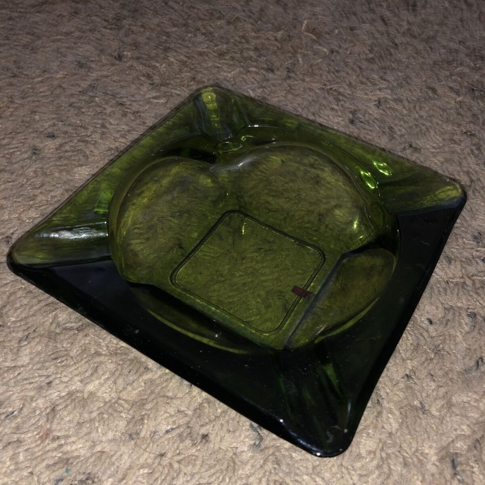 Vintage Green Glass Square Retro Ashtray